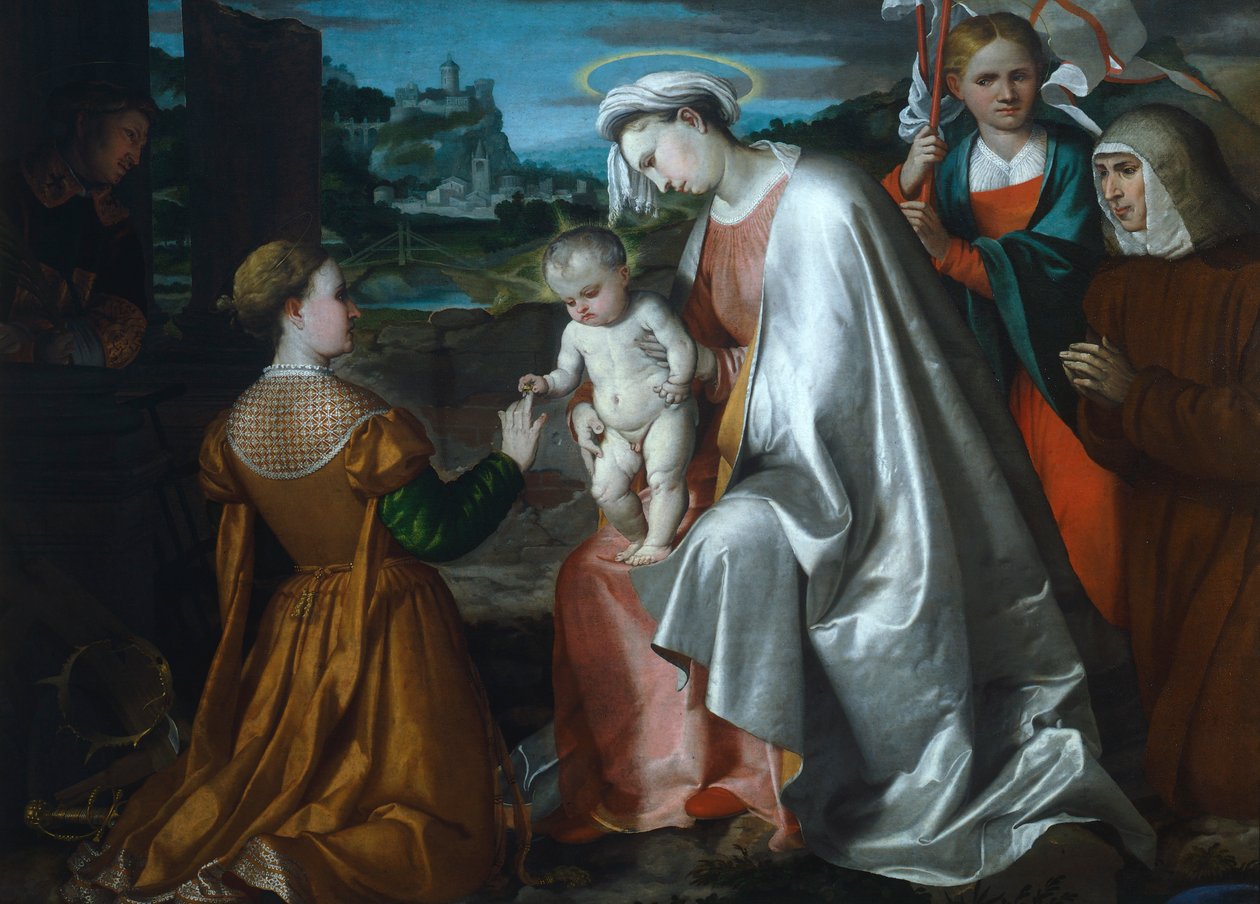 Szent Katalin misztikus házassága Ursula, Lawrence és Angela Merici szentek jelenlétében, Girolamo Romanino (kb. 1484-1562 után) alkotó: Girolamo Romanino