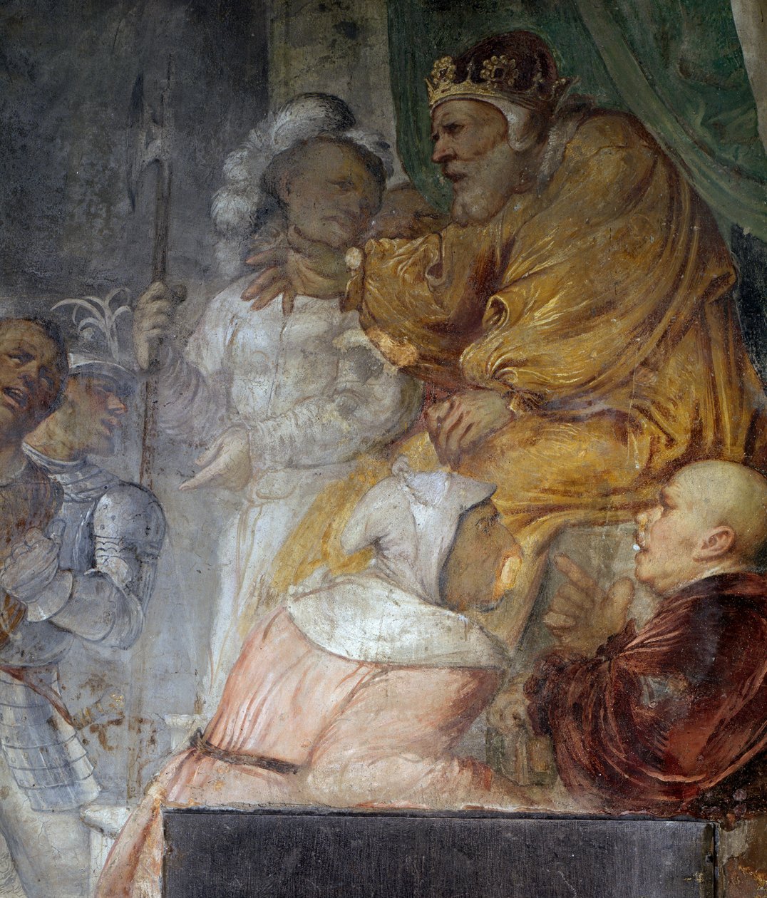Nabukodonozor, részlet Dániel három társának csodájából, Girolamo Romanino freskója (kb. 1484-1562 után), a brenói Szent Antal apát templom jobb falának részlete. Olaszország alkotó: Girolamo Romanino