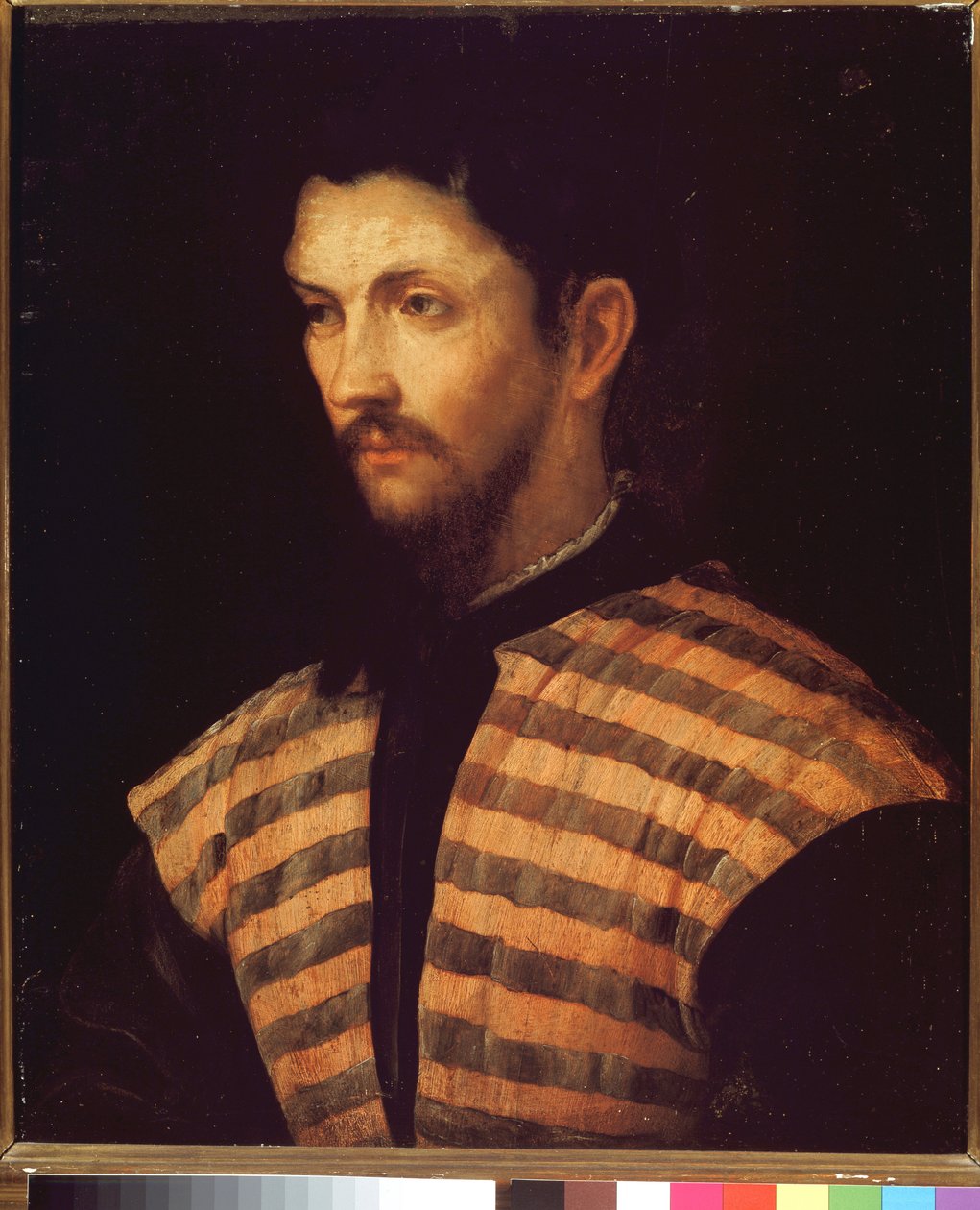 Csíkos kabátot viselő úriember portréja - olaj, vászon alkotó: Girolamo Romanino