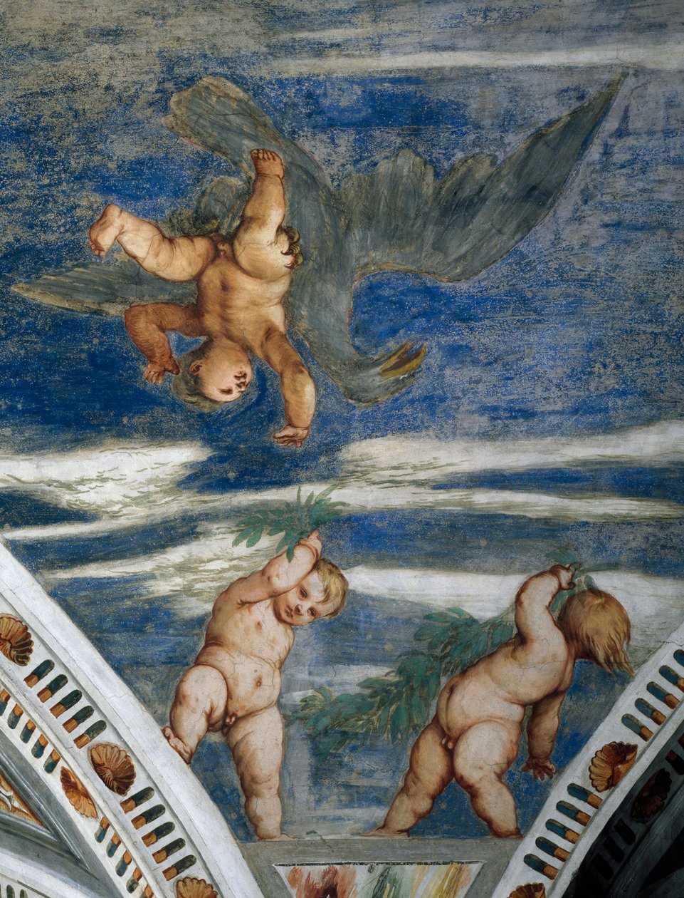 Ganymedes és putti megerőszakolása, mozaikfülkék és szobrok, Girolamo Romanino freskóinak részlete (kb. 1484-1559 után), Bernardo Clesio megrendelésére alkotó: Girolamo Romanino