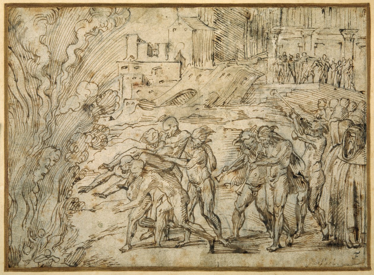 A máglya Hannibál csapatai előtt Saguntum elestekor (toll és barna tinta barna mosással) alkotó: Girolamo Romanino