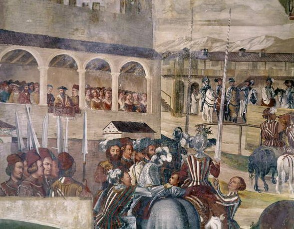 I. Keresztény dán király tiszteletére rendezett torna a Castello di Malpagában, részlet a bal oldalról, 1520-30 alkotó: Girolamo Romanino