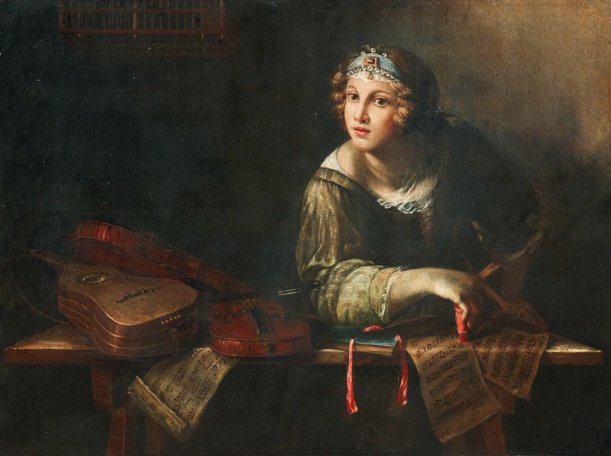 Allegorikus ábrázolás hangszerekkel és hangjegyekkel, XVII. század második fele. alkotó: Girolamo Scaglia
