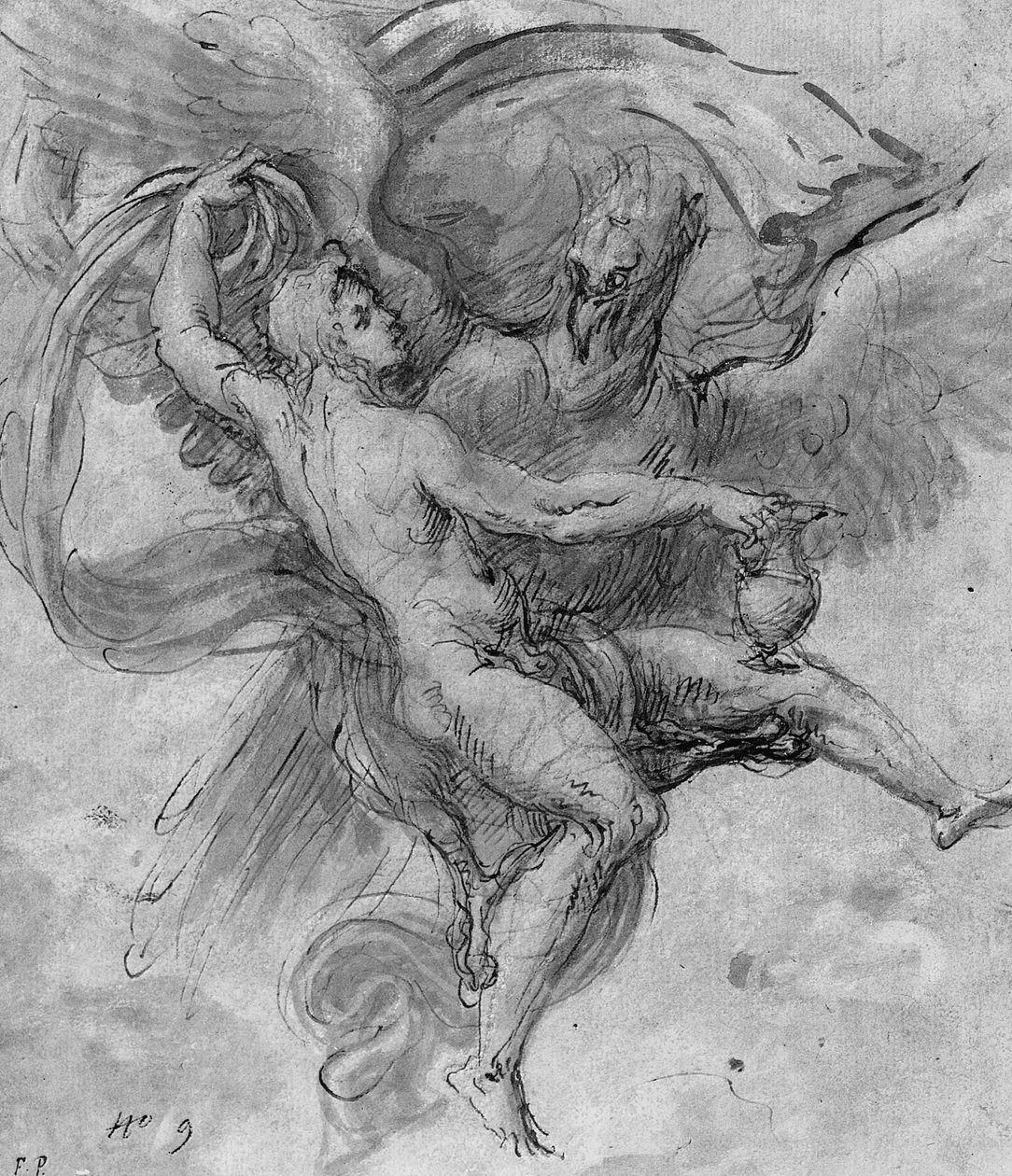 Ganymedes megerőszakolása (kréta, toll és tinta, valamint papírra mosás) alkotó: Girolamo da Carpi