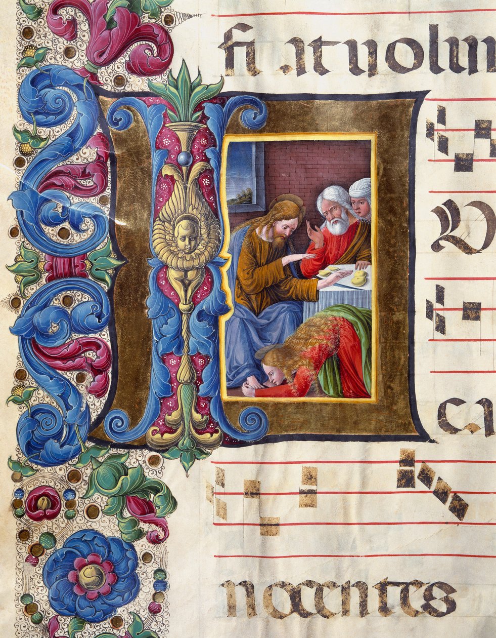 Decoree fejléc, amely Mária Magdolnát Jézus lábánál ábrázolja Miniatűr Girolamo da Cremona (aktív 1451-1483 körül) és Liberale da Verona (1445-1529) egy kórustól (Cod. 22/7. c.15v) a sienai katedrálisból . 15. századi székesegyház (Dóm). alkotó: Girolamo da Cremona