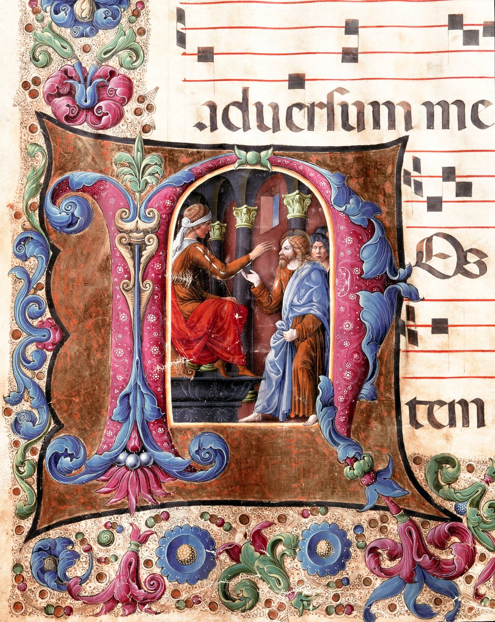 Decoree betűk Jézus Krisztust ábrázolva Pontius Pilátus előtt Girolamo da Cremona (1451-1483 körül) és Liberale da Verona (1445-1529) miniatúrája a székesegyház kórusától (Cod. 22/7. c. 22.) Siena. 15. századi székesegyház (Dóm alkotó: Girolamo da Cremona