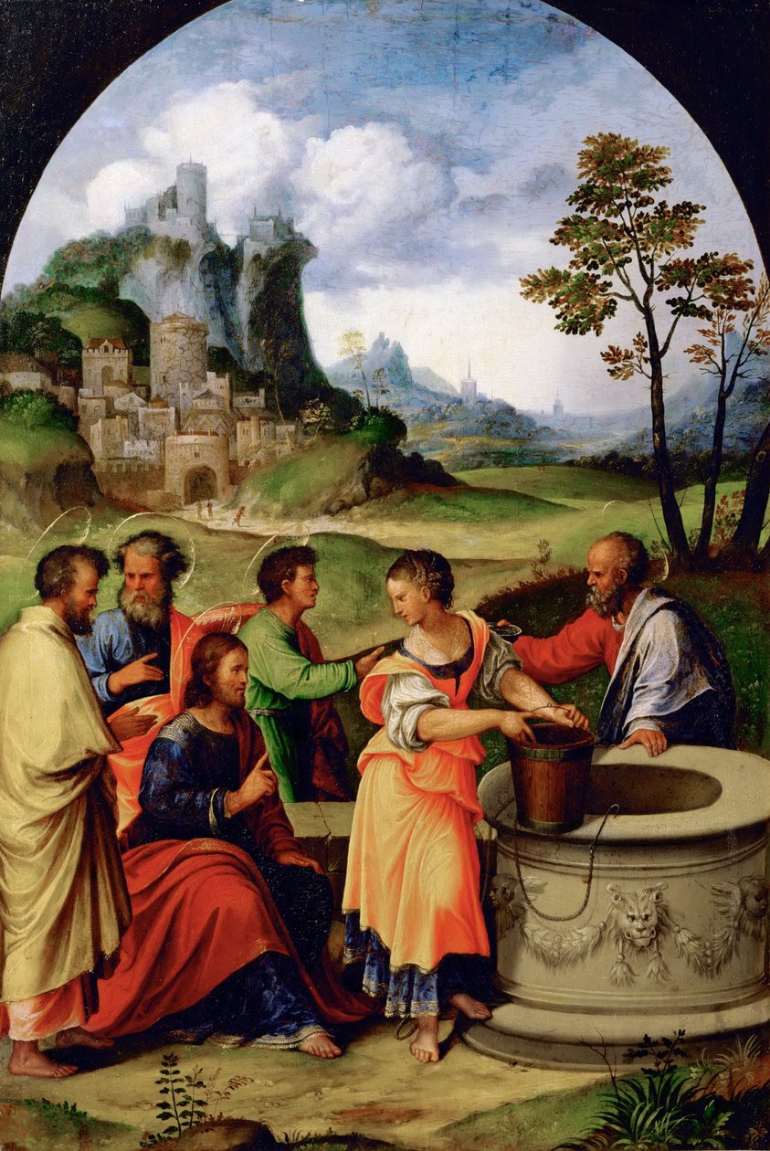 Jesus et la Samaritaine – Krisztus és a szamaritánus nő – Girolamo da Treviso (1508-1544). Olaj, fa, c. 1525. Mérete : 65,5x45,2 cm. Művészettörténeti Múzeum, Vienne alkotó: Girolamo da  Treviso II