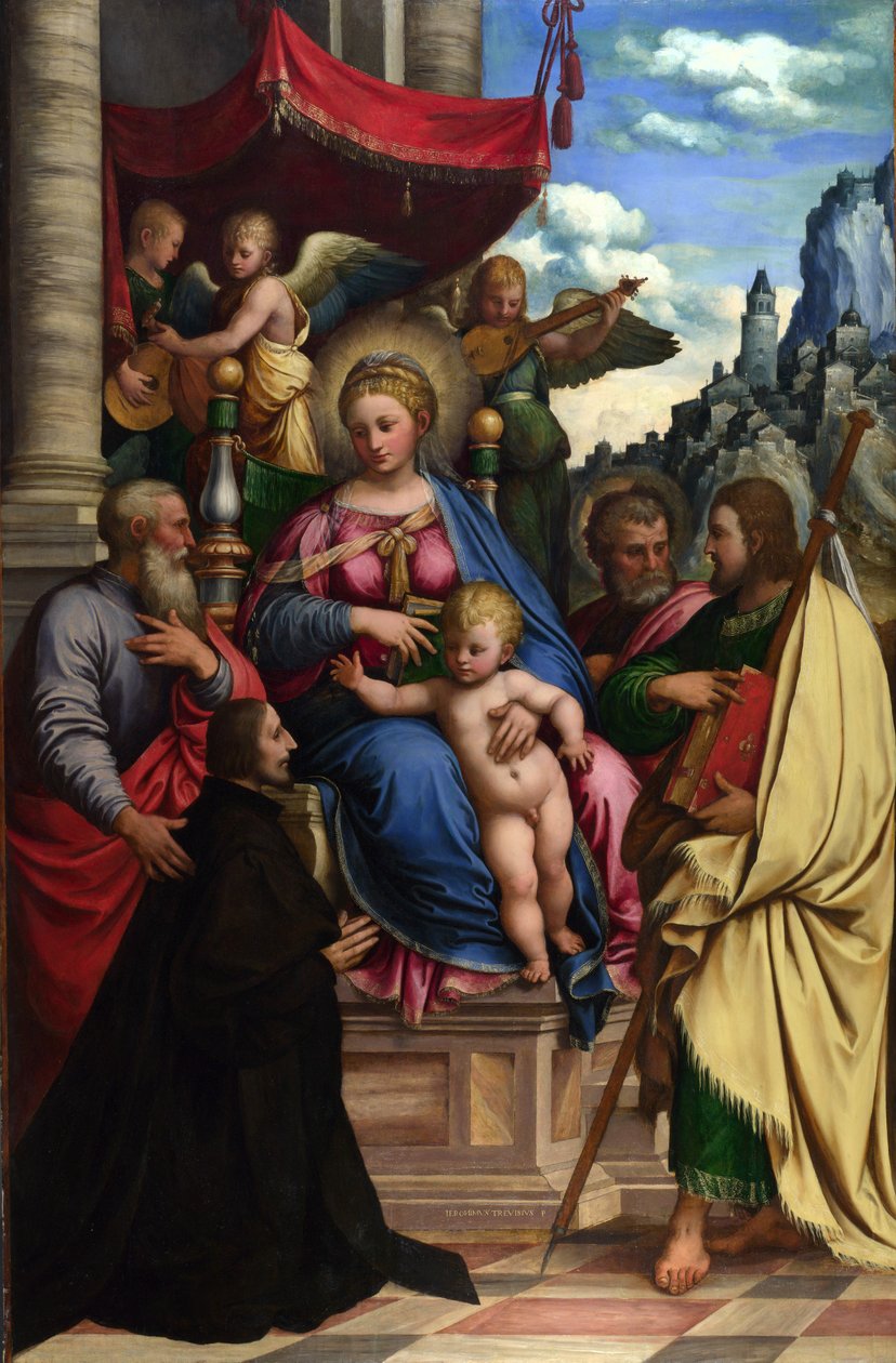A Madonna és gyermeke angyalokkal, szentekkel és egy adományozóval alkotó: Girolamo da Treviso the Younger