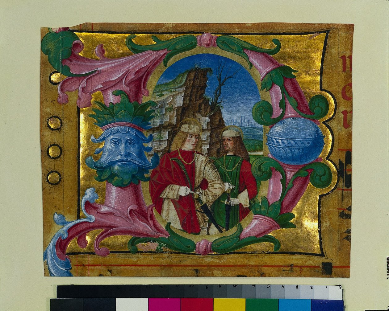 Egy kóruskönyvből kivágott történeti kezdetű D: Két vértanú szent, c. 1500-1510. alkotó: Girolamo dai Libri