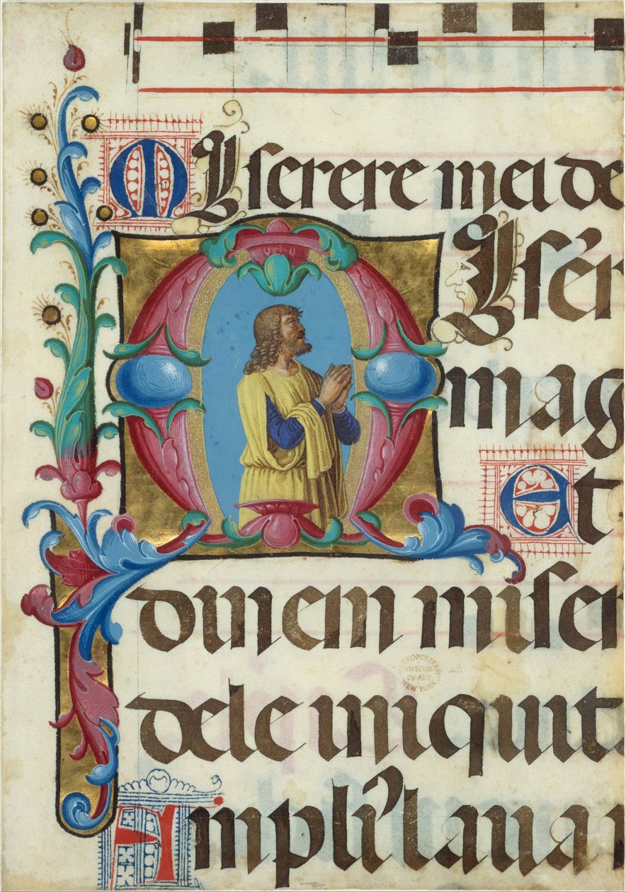 Kéziratos megvilágosodás Dáviddal imádságban, M kezdőbetűvel, zsoltárból, 1501-2. alkotó: Girolamo dai Libri