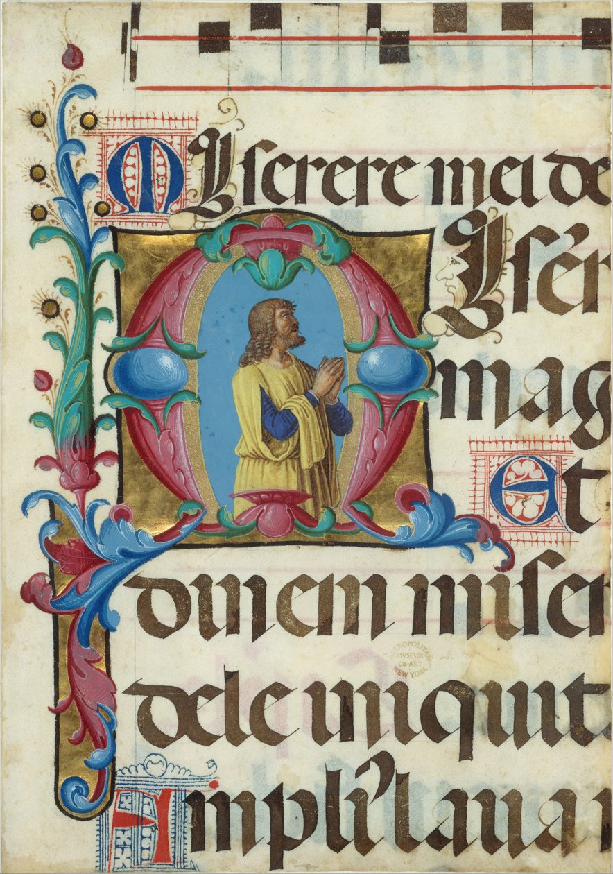 Kéziratos megvilágítás Dáviddal imában, M betűvel, zsoltárból, olasz, 1501-2. alkotó: Girolamo dai Libri