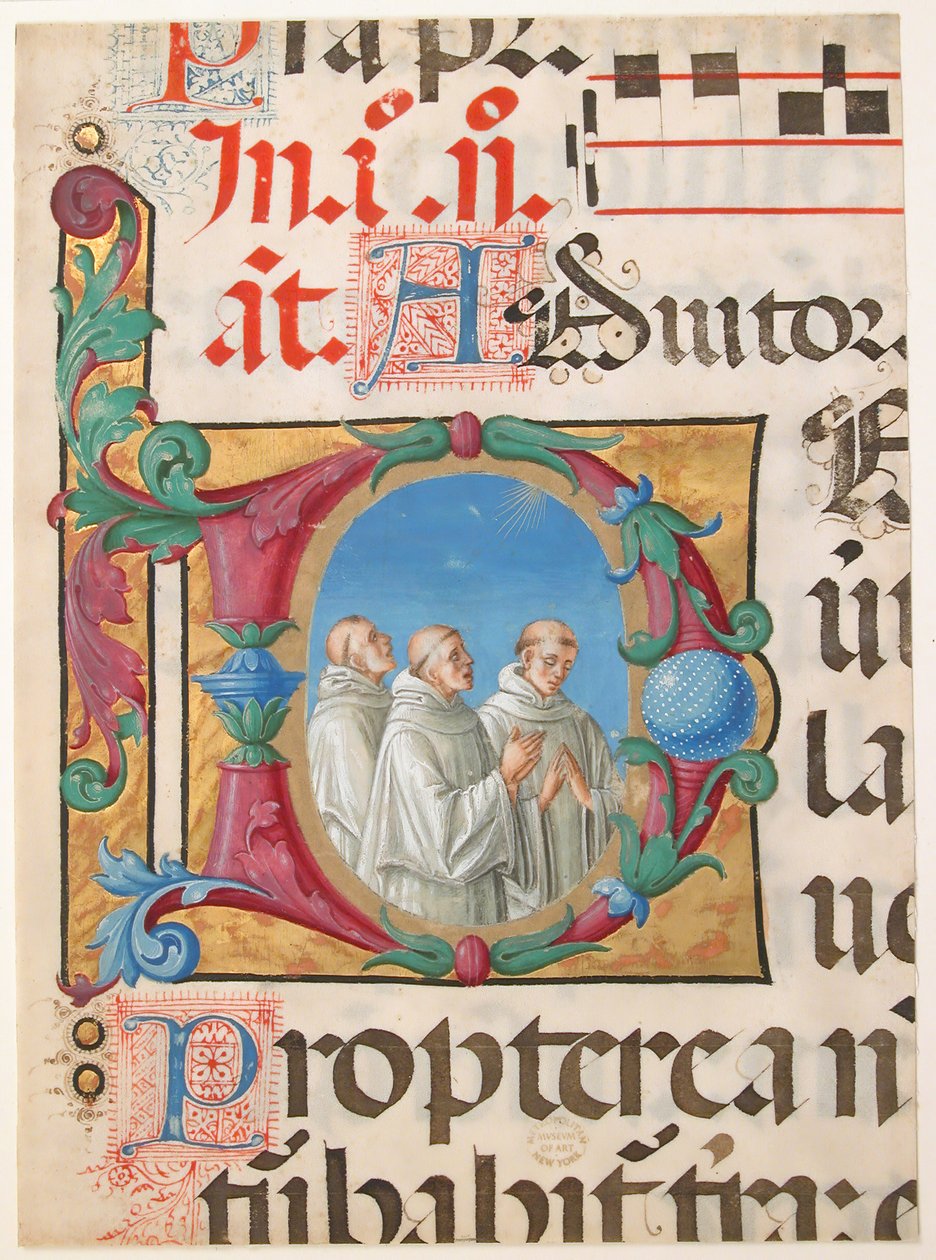 Kéziratos megvilágítás éneklő szerzetesekkel D betűkezdeményben, zsoltárból, 1501-2. alkotó: Girolamo dai Libri