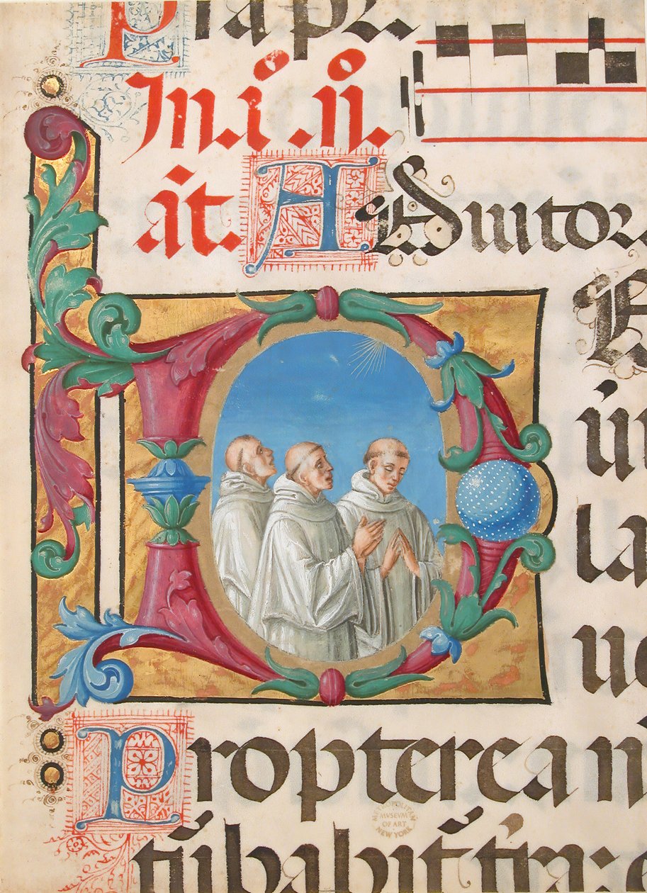 Kéziratos megvilágítás éneklő szerzetesekkel D-betűvel, zsoltárból, olasz, 1501-2. alkotó: Girolamo dai Libri
