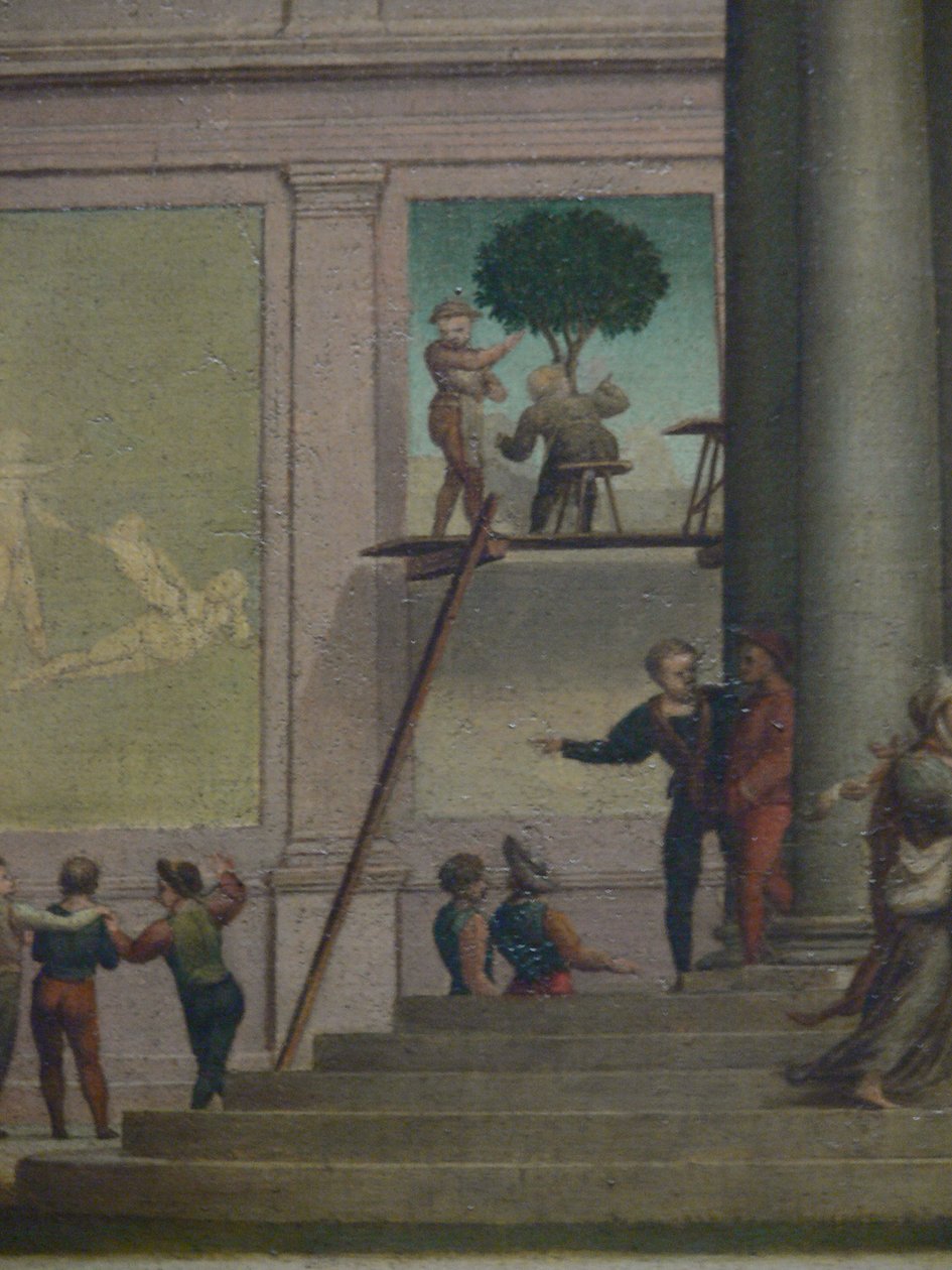Dina megerőszakolása (1Móz 34). Bécsi Kunsthistorisches Museum, képgaléria, inv. 1554. szám, részlet a háttérben (falfestő az állványokon) alkotó: Giuliano Bugiardini