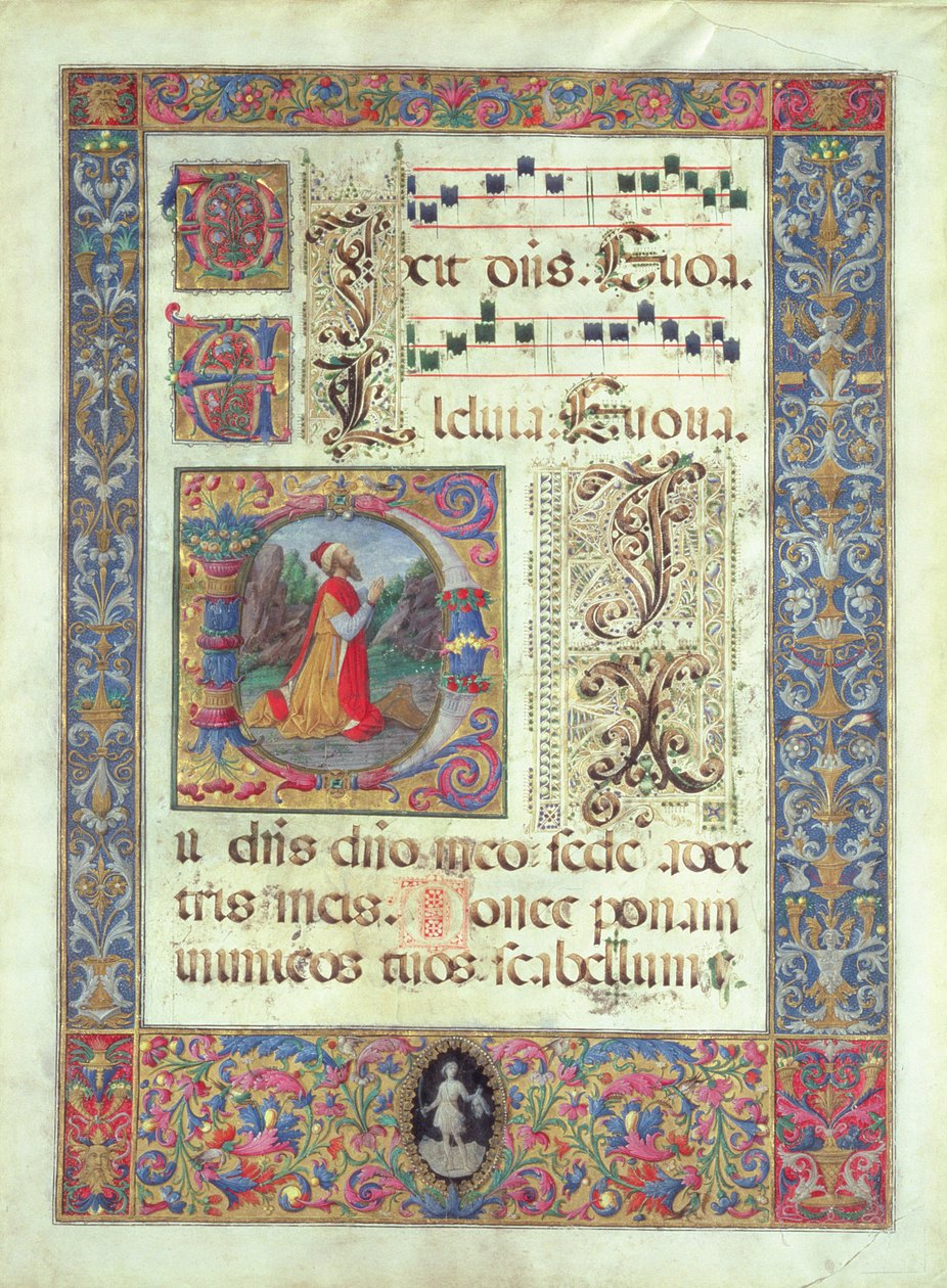 Oldal egy kéziratból Dávid királyt ábrázoló történeti D kezdőbetűvel, 1480 körül alkotó: Giuliano Amadei