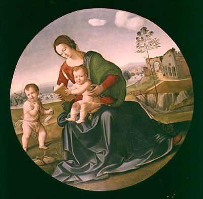 Madonna és gyermek a csecsemővel Keresztelő Szent Jánossal (panel) alkotó: Giuliano Bugiardini