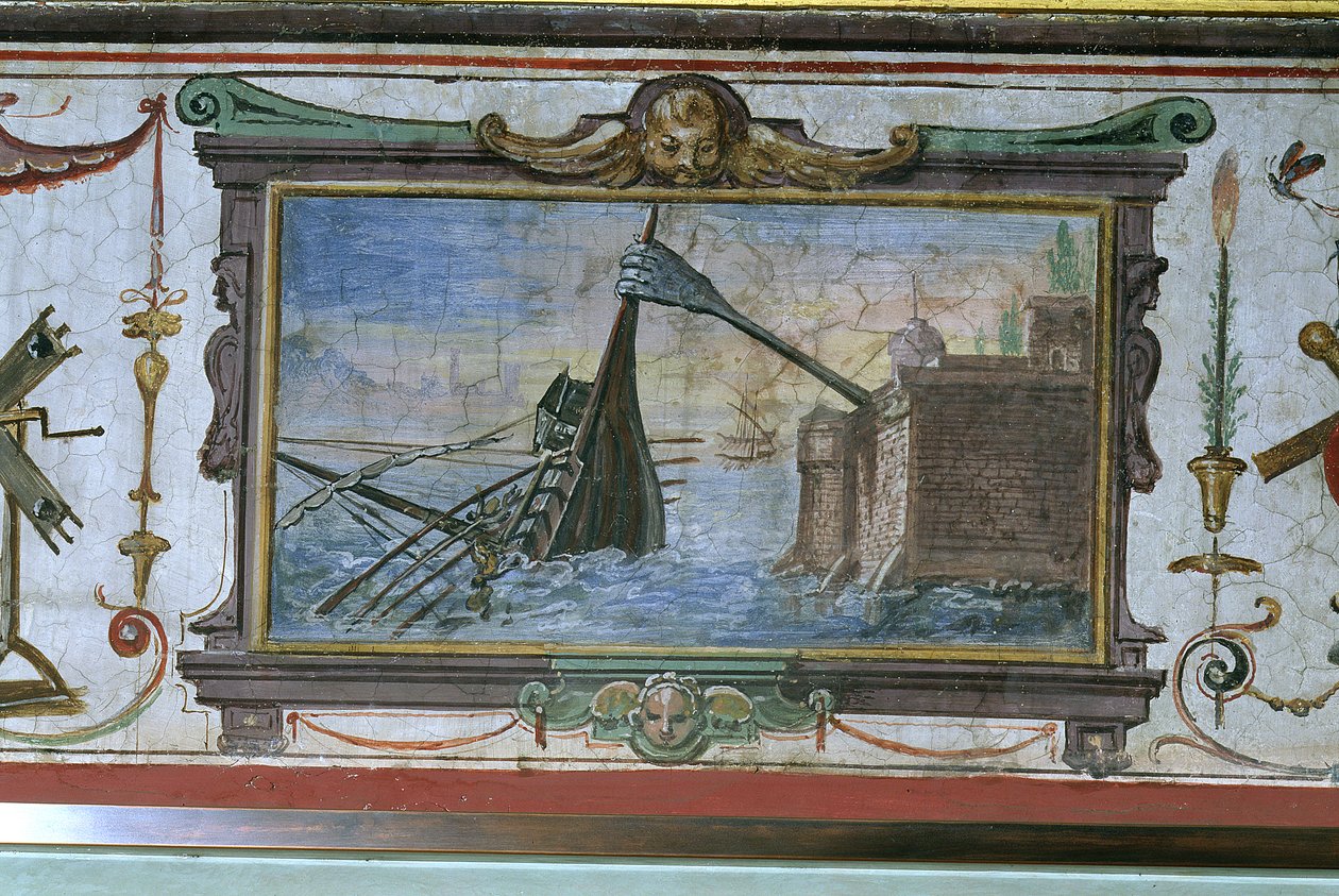 Egy eszköz, amely lehetővé tette Arkhimédésznek (i.e. 287-12), hogy a partra húzzon egy hajót, Stanza della Mattematica, 1587-1609 alkotó: Giulio Parigi