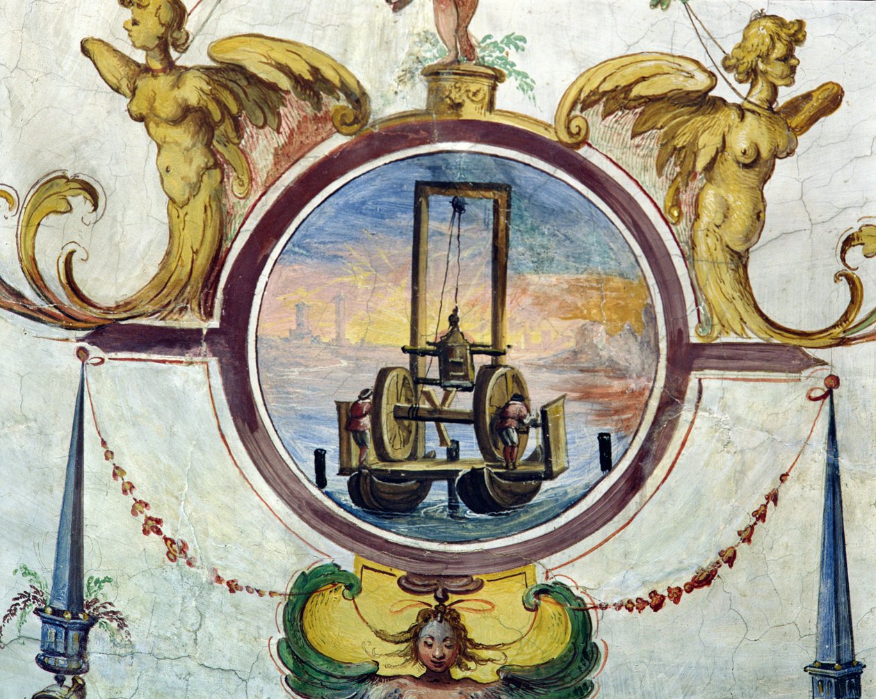 Nagy ponton karókat a tengerfenékbe szúró eszközzel, Stanza della Matematica, 1587-1609 alkotó: Giulio Parigi