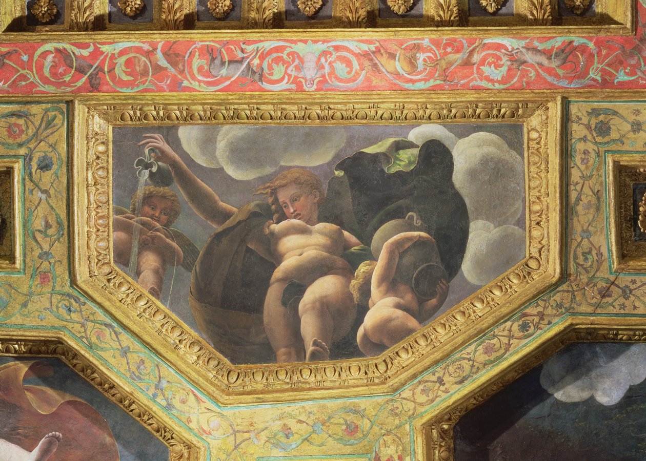 Kancsóból vizet öntő nimfa, vizelő puttó és egy másik puttó urnával, mennyezeti caisson a Sala di Amore e Psiche-ből, 1528 (olaj, stukkó) alkotó: Giulio Romano