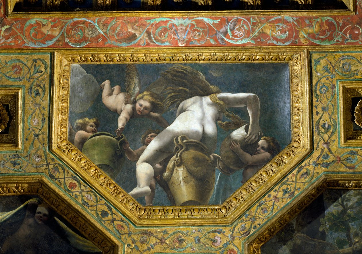 Egy nimfa, aki vizet önt egy urnából putti segítségével, mennyezeti keszon a Sala di Amore e Psiche-ből, 1528 (olaj, stukkó) alkotó: Giulio Romano