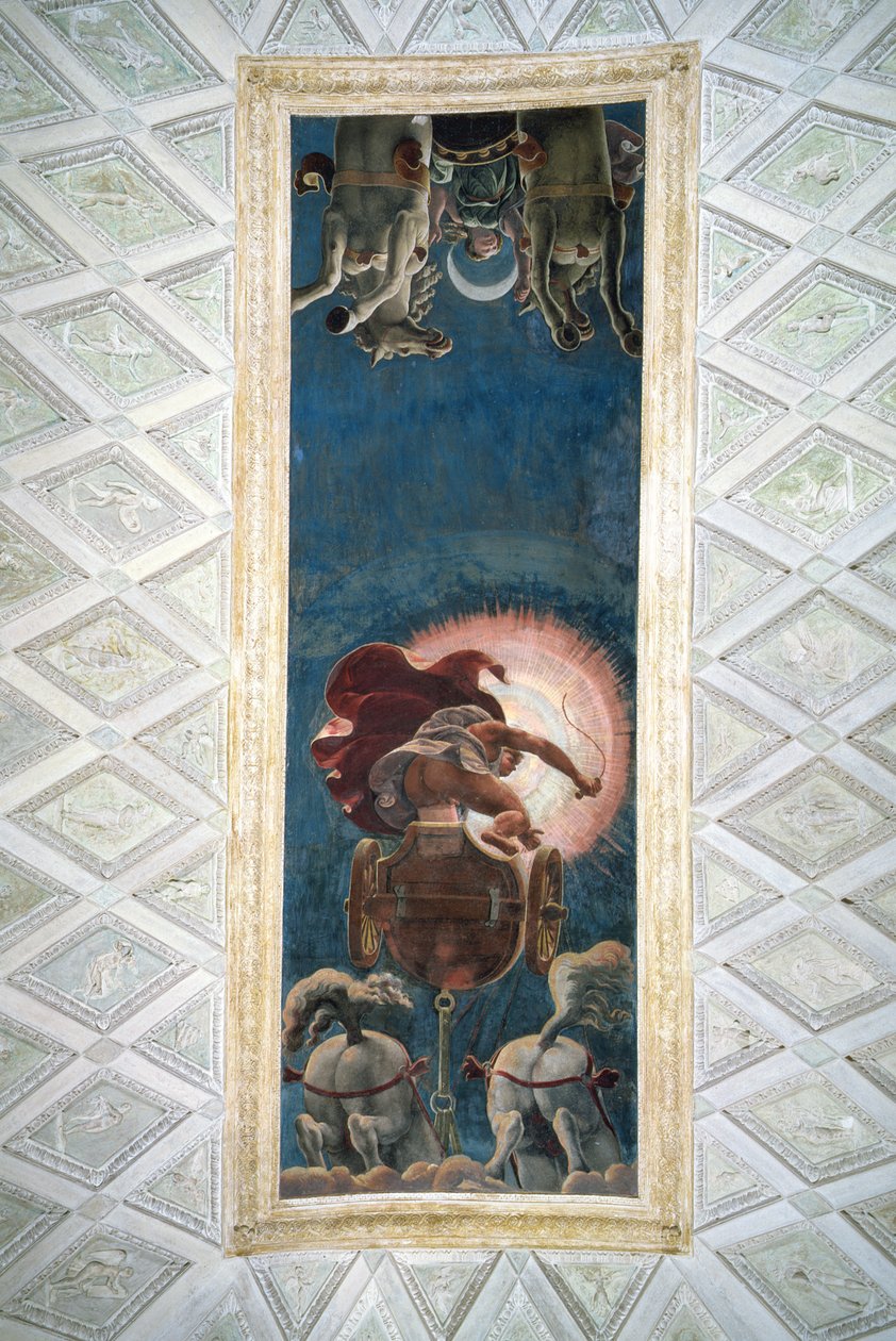 Apolló vezeti a Nap szekerét, mennyezeti dekoráció a Camera del Sole-ban, 1527 alkotó: Giulio Romano