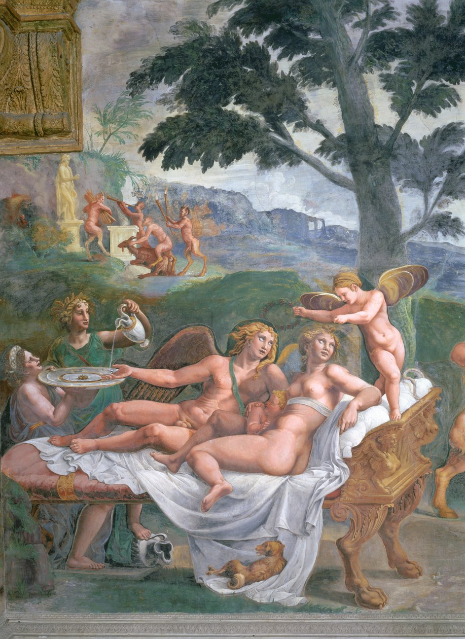 Ámor és Psyche lányukkal Voluptuousness, akire Ceres vár, aki vizet önt a Juno által tartott medencébe, a nemesi lakoma részlete, a Sala di Amore e Psiche-ből, 1528-as freskó részlete 7 alkotó: Giulio Romano
