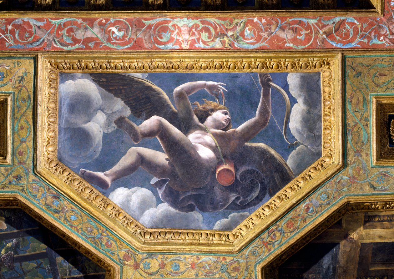 Ámor, mennyezeti keszon a Sala di Amore e Psyche-ből, 1528 (olaj, stukkó) alkotó: Giulio Romano