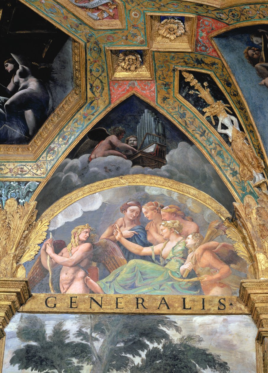 Ámor Vénusszal és Merkúrral, akit elküld, hogy elfogja Psychét, lunettát a Sala di Amore e Psiche-ből, 1528 (olaj, stukkó) alkotó: Giulio Romano