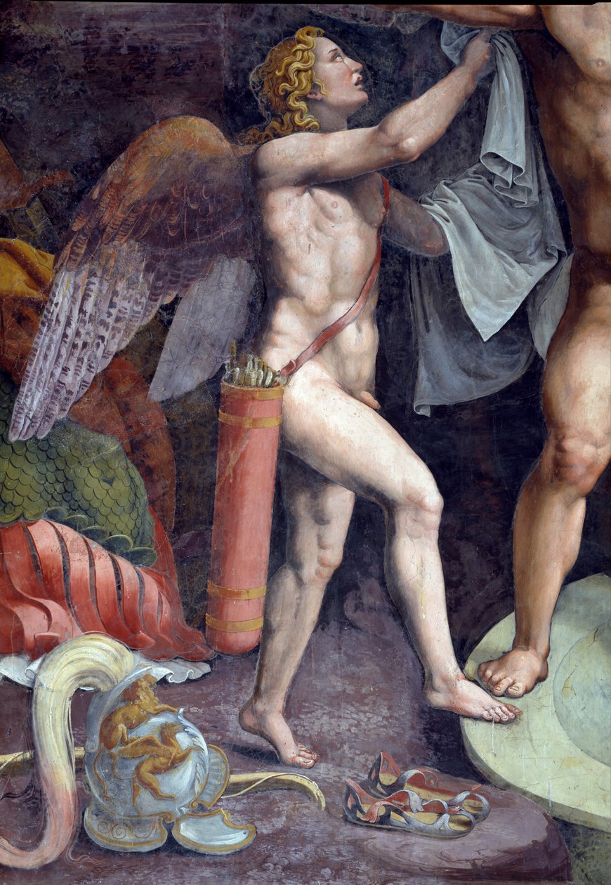 A Mars és a Vénusz fürdőzése, a Sala di Amore e Psiche-ből készült Ámor, a Mars segítő részlete, 1528 freskórészlet a 78435-ből alkotó: Giulio Romano