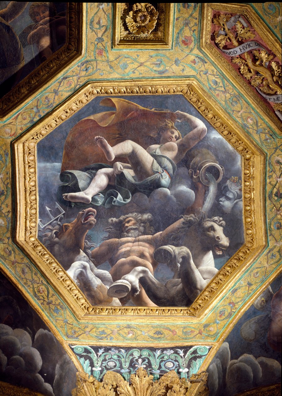 Neptunusz és egy vízi nimfa, mennyezeti kazettás mennyezet a Sala di Amore e Psiche-ből, 1528 (olaj, stukkó) alkotó: Giulio Romano