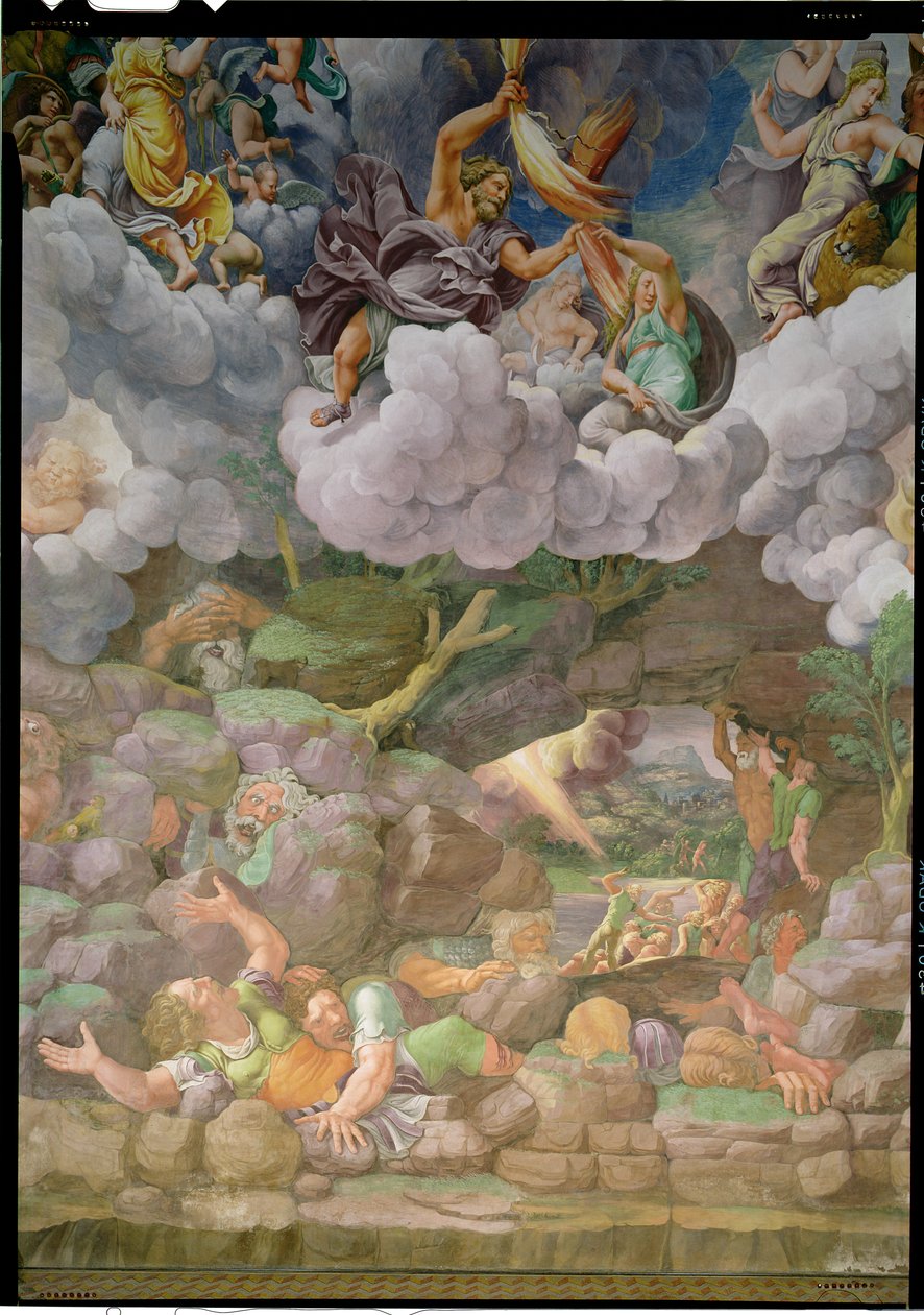 Az Olimposz és Zeusz elpusztítja a lázadó óriásokat, részlet a Sala dei Giganti egyik faláról, 1530-32 alkotó: Giulio Romano