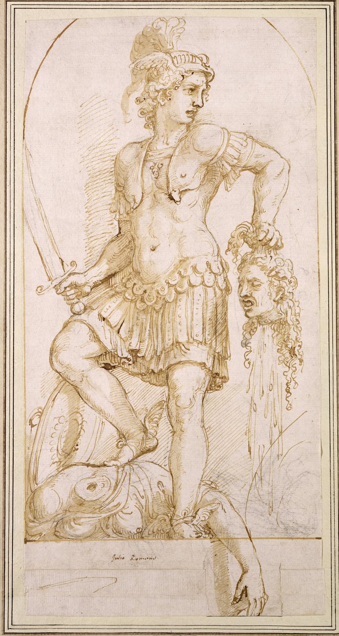 Perseus, 1540 körül (toll és barna ceruza fekete krétával fehér papíron) alkotó: Giulio Romano