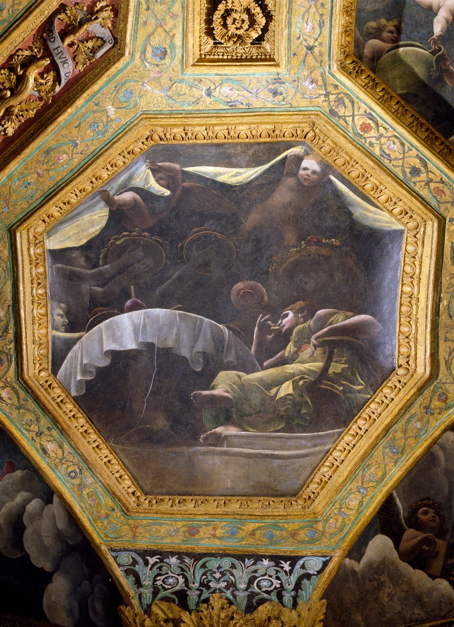 Psyche evés Cupido házában, mennyezeti keszon a Sala di Amore e Psyche-ből, 1528 (olaj, stukkó) alkotó: Giulio Romano