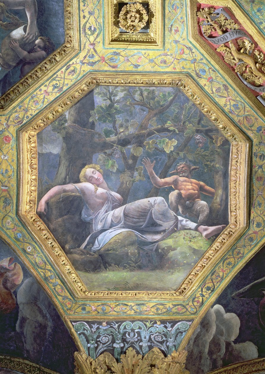 Ámor völgyében alvó psziché, mennyezeti caisson a Sala di Amore e Psiche-ből, 1528 (olaj, stukkó) alkotó: Giulio Romano