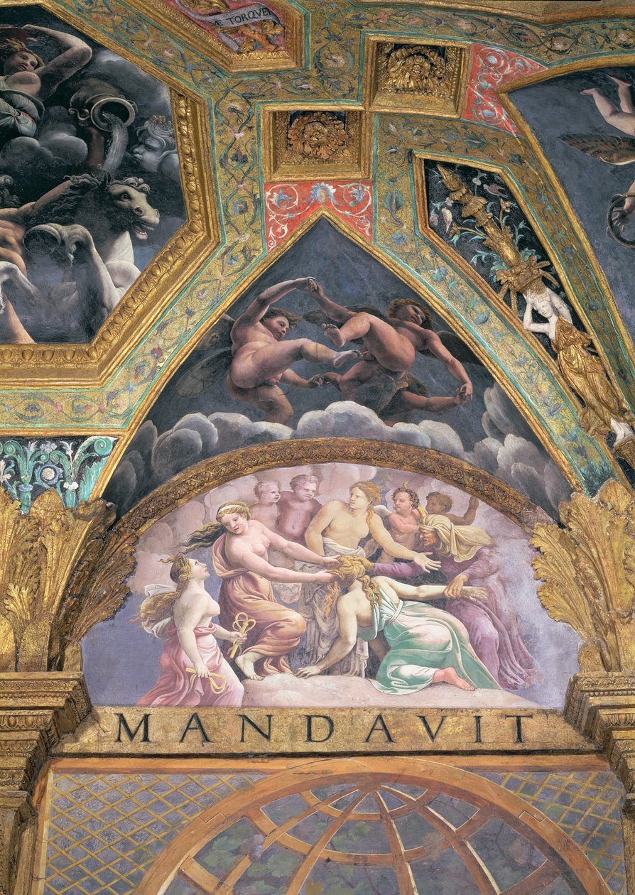 Psyche a Vénusz által neki kiszabott megpróbáltatások egyikén, lunetta a Sala di Amore e Psiche-ból, 1528 (olaj, stukkó) alkotó: Giulio Romano