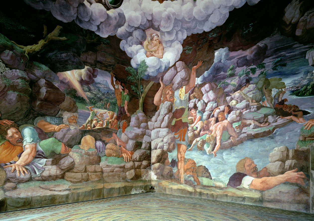 Sala dei Giganti, két fal nézete a lázadó óriások Jupiter villámai által történő elpusztítását ábrázolja, 1536 (részletet lásd 78483-86) alkotó: Giulio Romano