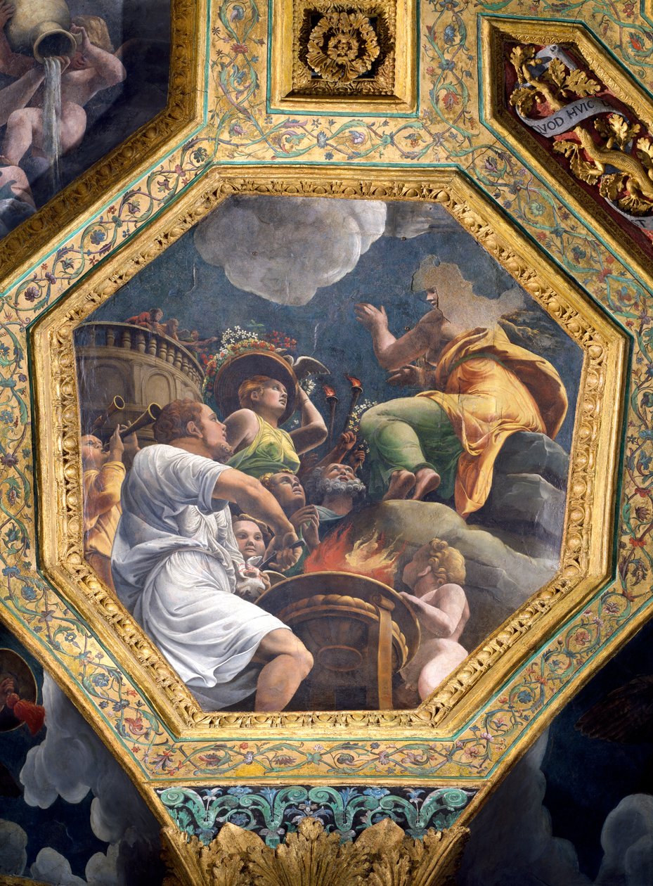 A galambáldozat jelenete, mennyezeti kazettás mennyezet a Sala di Amore e Psiche-ból, 1528 (olaj, stukkó) alkotó: Giulio Romano