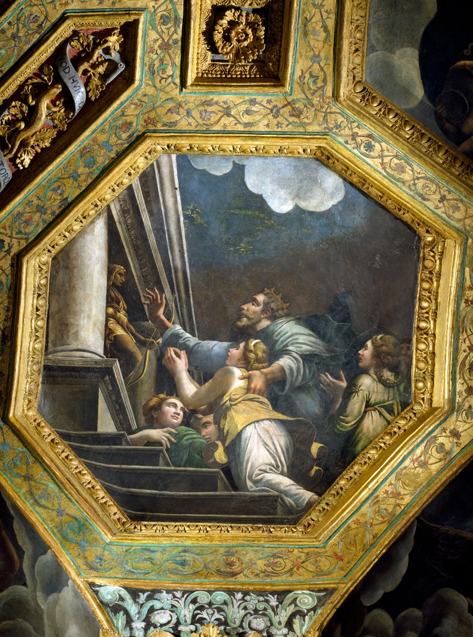 Könyörgő alakok egy hatalmas palota lépcsőjén, mennyezeti keszson a Sala di Amore e Psiche-ből, 1528 (olaj, stukkó) alkotó: Giulio Romano