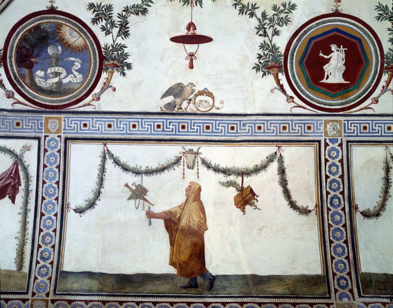 A Camera con Fregio di Amorini Ámor fríz kamrája a mennyezet részlete, amely egy taláros férfit és a Medici család jelvényeit ábrázolja, 1520-as évek freskója alkotó: Giulio Romano