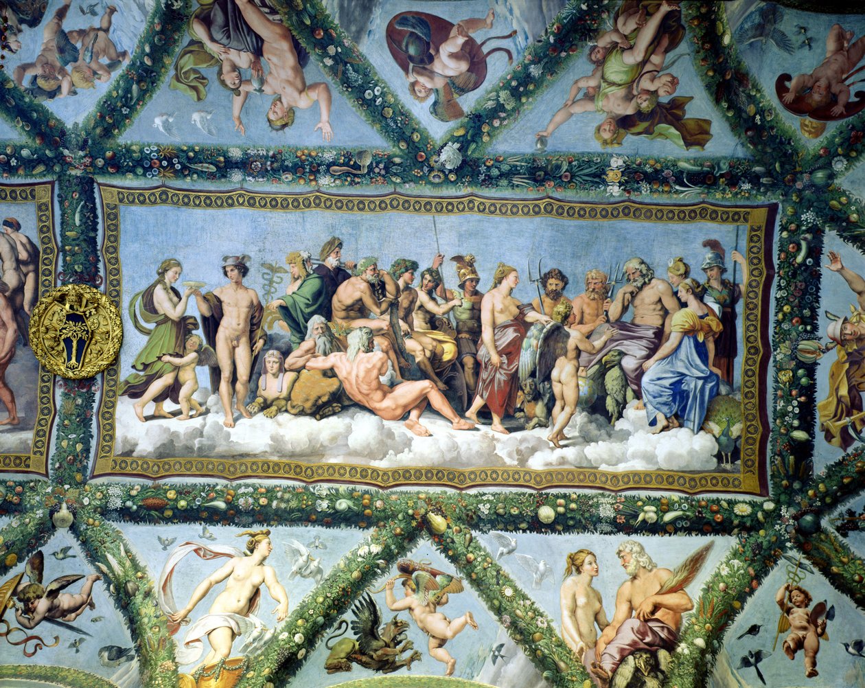 Az Istenek Tanácsa, mennyezeti dekoráció az Ámor és Psyche loggiájából, 1510-17 alkotó: Giulio Romano