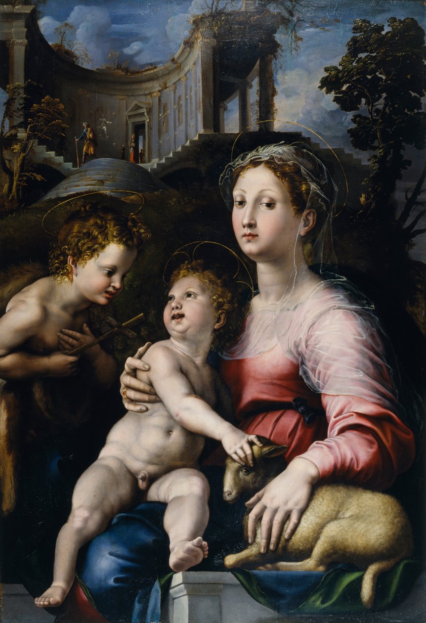 A Madonna és gyermeke Keresztelő Szent Jánossal alkotó: Giulio Romano