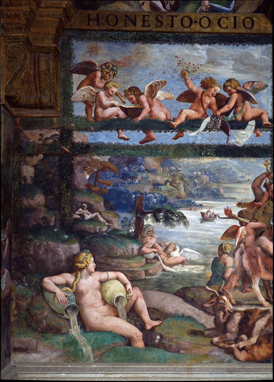 Ámor és Psyche házasságát ünneplő rusztikus bankett, folyami isteneket és istennőket ábrázoló részlet, keleti fal a Sala di Amore e Psiche-ből, 1528-as freskórészlet a 78427-ből alkotó: Giulio Romano