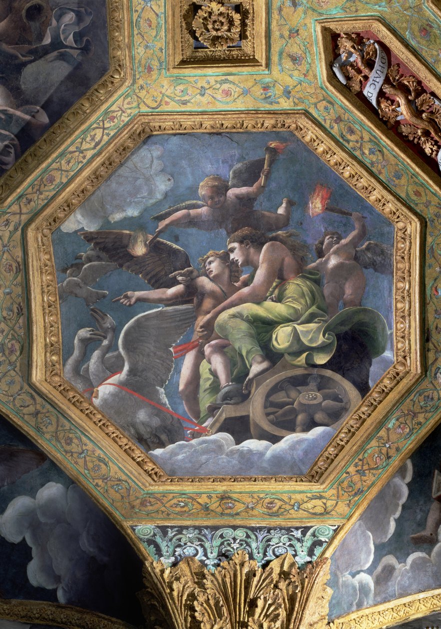 Vénusz és Ámor hattyúk által húzott szekéren, mennyezeti keszon a Sala di Amore e Psiche-ből, 1528 (olaj, stukkó) alkotó: Giulio Romano