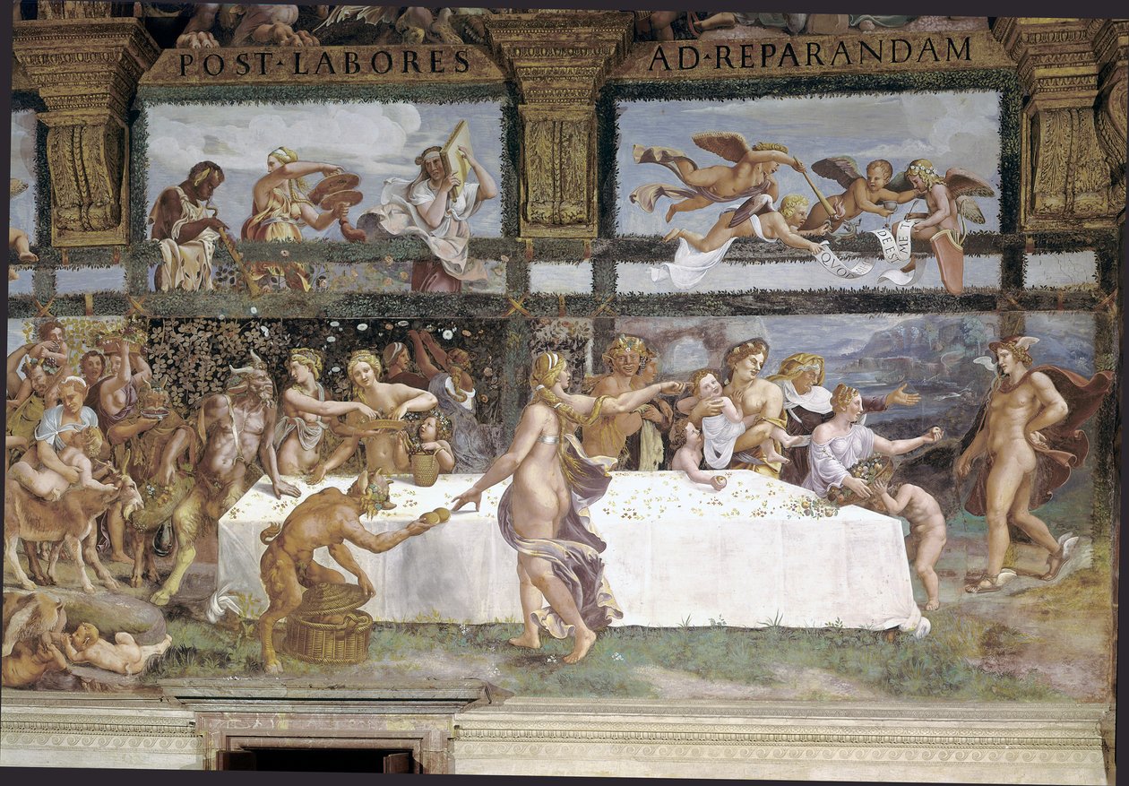 Előkészületek az istenek lakomájára Ámor és Psyche esküvőjére, részlet alkotó: Giulio (1483 1520) Romano
