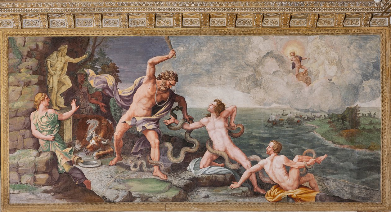 Laocoont és fiait kígyók támadják meg, A trójai faló, Trója kamra (Sala di Troia) alkotó: Giulio (and workshop) Romano