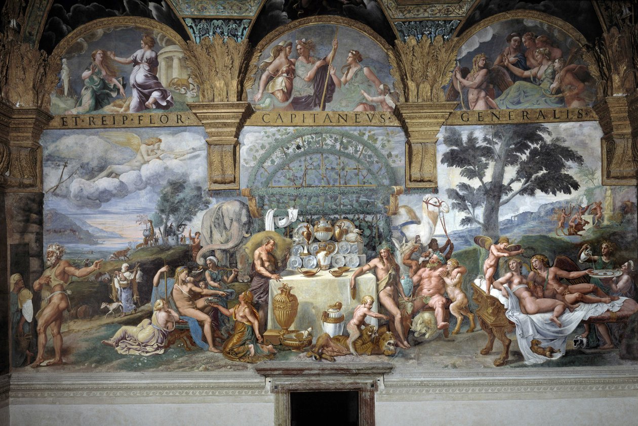 Ámor és Psyche házasságát ünneplő nemesi lakoma, Ámor és Psyché termének déli fala, 1527-31 körül (freskó) alkotó: Giulio (and workshop) Romano