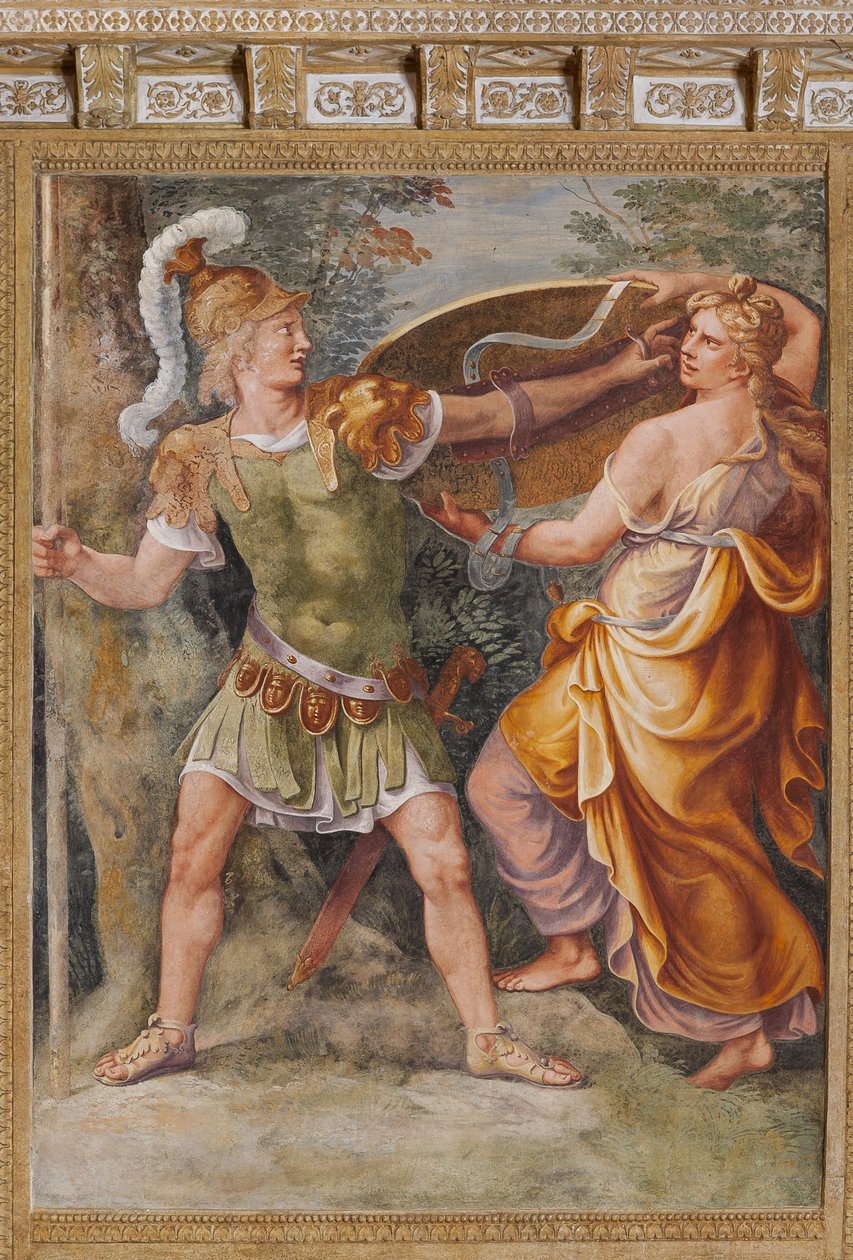 Thetis megadja Akhilleusznak a Héphaisztosz (Vulkán) által kovácsolt fegyvereket, A trójai falót, a trójai kamrát (Sala di Troia) alkotó: Giulio (and workshop) Romano