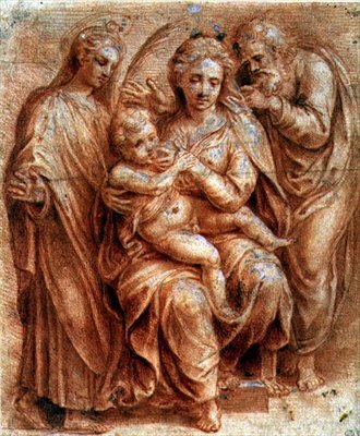 Szent család egy szűz mártírral (piros kréta fehérrel megerősítve) alkotó: Giulio (circle of) Romano