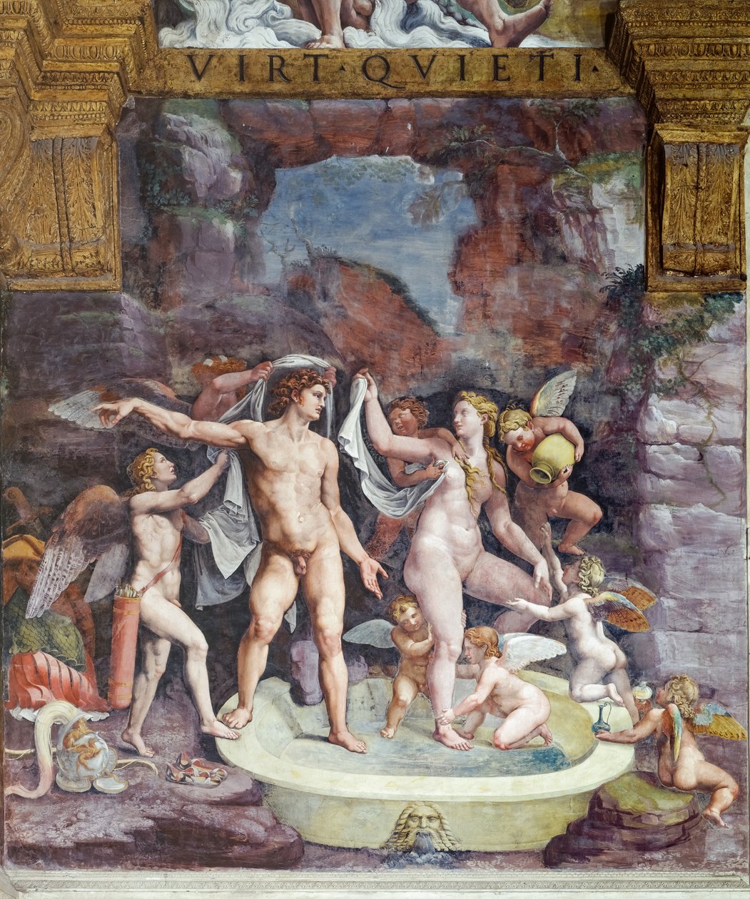 Psziche szobája, északi fal: Vénusz és Mars fürdőzése; Eros és néhány Ámor részt vesz az istennő fürdőjében (freskó) alkotó: Giulio (workshop of) Romano