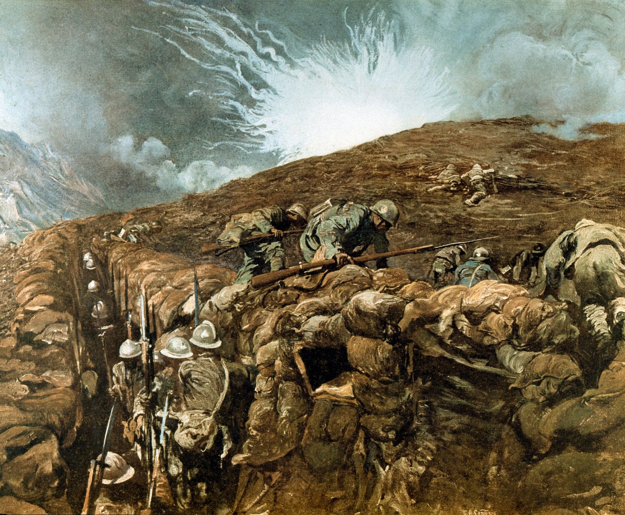 világháború: árkok Gorizia közelében, olasz hadjárat az Isonzó folyó körül, 1917. szeptember (festmény) alkotó: Giulio Aristide Sartorio